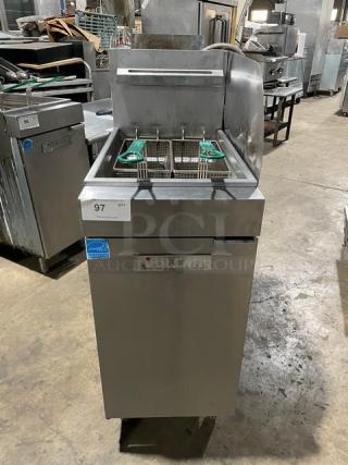 Vulcan Commercial Natural Gas Powered Floor Style Deep Fat Fryer! With Back & Side Splash! All Stainless Steel! With 2 Frying Baskets! On Legs! Working When Removed!