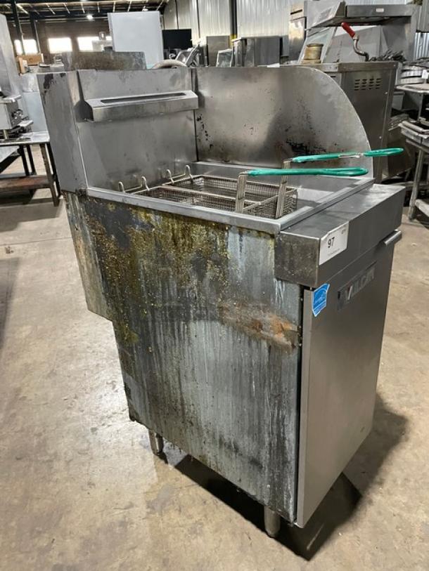 Vulcan Commercial Natural Gas Powered Floor Style Deep Fat Fryer! With Back & Side Splash! All Stainless Steel! With 2 Frying Baskets! On Legs! Working When Removed! - Image 2 of 8