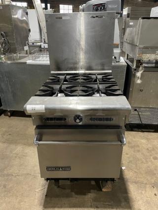 American Range Commercial Natural Gas Powered 4 Burner Stove! With Full Sized Oven Underneath! With Backsplash! All Stainless Steel!  With Metal Oven Rack! On Legs!