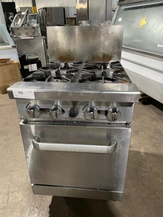 Commercial Natural Gas Powered 4 Burner Range! With Full Sized Oven Underneath! With Back Splash! All Stainless Steel! With Metal Oven Rack! Working When Removed!