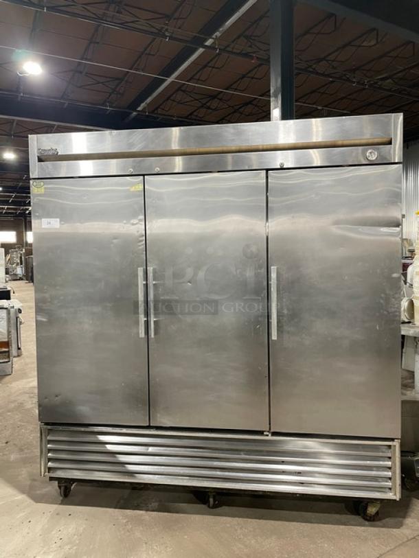 True Commercial 3 Door Reach In Refrigerator! All Stainless Steel! With Poly Coated Racks! On Casters! 115V 1 Phase! Model: T-72 SN:1-2432016! Working When Removed! - Image 1 of 9