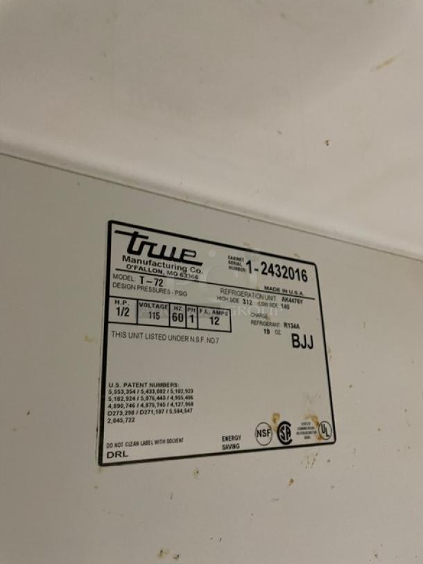 True Commercial 3 Door Reach In Refrigerator! All Stainless Steel! With Poly Coated Racks! On Casters! 115V 1 Phase! Model: T-72 SN:1-2432016! Working When Removed! - Image 8 of 9