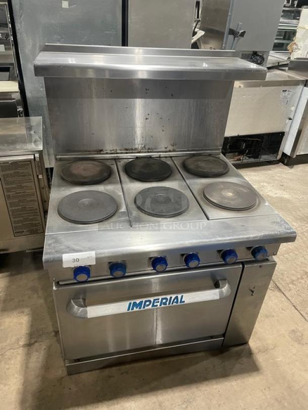 Imperial Commercial Electric Powered 6 Burner Hot Plate Range! With Full Sized Oven Underneath! With Backsplash & Overhead Salamander Shelf! All Stainless Steel! With Metal Oven Racks! - Image 1 of 8