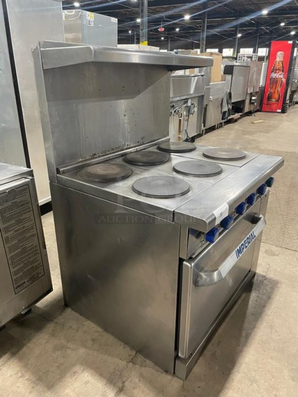 Imperial Commercial Electric Powered 6 Burner Hot Plate Range! With Full Sized Oven Underneath! With Backsplash & Overhead Salamander Shelf! All Stainless Steel! With Metal Oven Racks! - Image 2 of 8