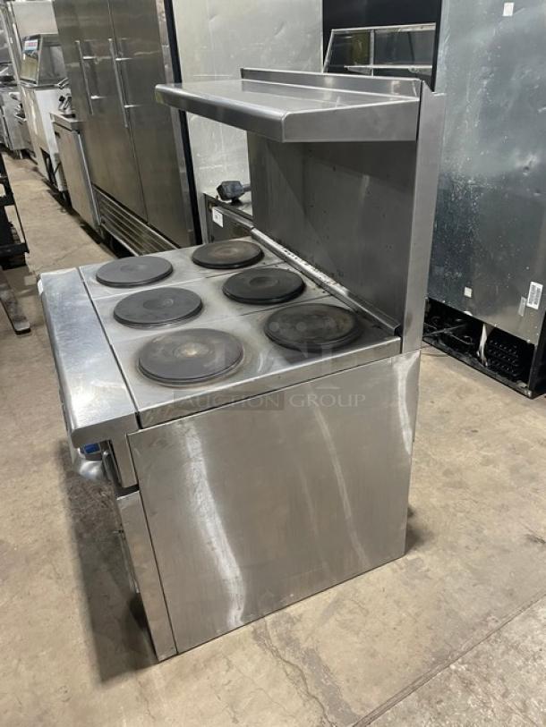 Imperial Commercial Electric Powered 6 Burner Hot Plate Range! With Full Sized Oven Underneath! With Backsplash & Overhead Salamander Shelf! All Stainless Steel! With Metal Oven Racks! - Image 3 of 8