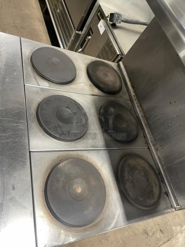 Imperial Commercial Electric Powered 6 Burner Hot Plate Range! With Full Sized Oven Underneath! With Backsplash & Overhead Salamander Shelf! All Stainless Steel! With Metal Oven Racks! - Image 5 of 8