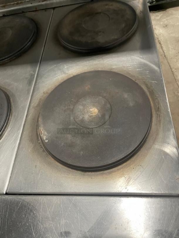 Imperial Commercial Electric Powered 6 Burner Hot Plate Range! With Full Sized Oven Underneath! With Backsplash & Overhead Salamander Shelf! All Stainless Steel! With Metal Oven Racks! - Image 6 of 8