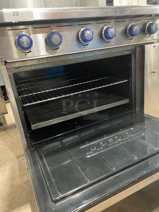 Imperial Commercial Electric Powered 6 Burner Hot Plate Range! With Full Sized Oven Underneath! With Backsplash & Overhead Salamander Shelf! All Stainless Steel! With Metal Oven Racks! - Image 7 of 8