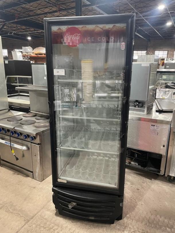 Imbera Coca-Cola Style Commercial Single Glass Door Reach In Refrigerator Merchandiser! With Poly Coated Racks! With Gravity Feed Bottle Organizers! 115V 1 Phase! Model: 6319 C02 SN: 111150711390! - Image 1 of 7