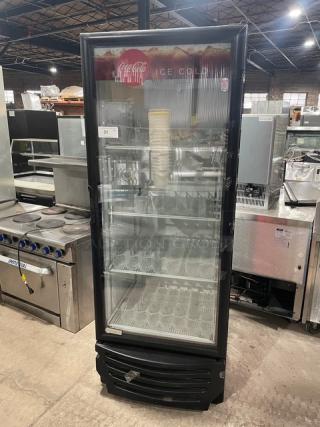 Imbera Coca-Cola Style Commercial Single Glass Door Reach In Refrigerator Merchandiser! With Poly Coated Racks! With Gravity Feed Bottle Organizers! 115V 1 Phase! Model: 6319 C02 SN: 111150711390!