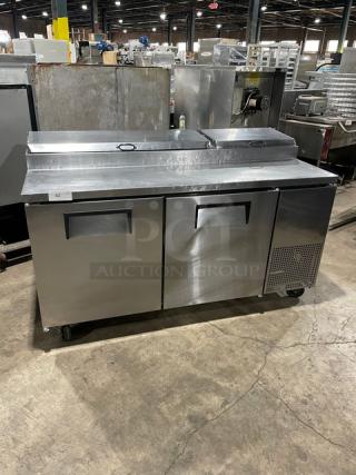 True Commercial Refrigerated Mega Top Pizza Prep Table! With 2 Door Refrigerated Storage Underneath! All Stainless Steel! On Casters! 115V 1 Phase! Model: TPP-67 SN: 7150317!
