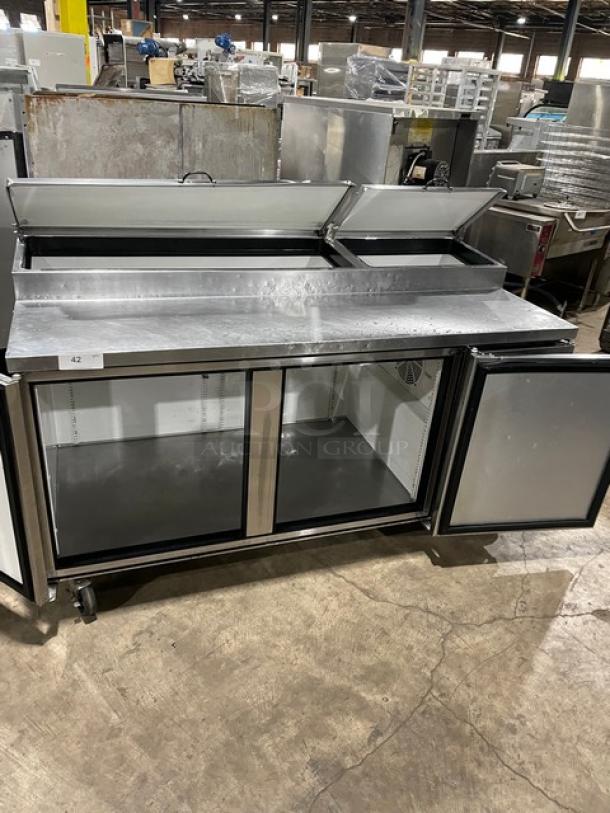 True Commercial Refrigerated Mega Top Pizza Prep Table! With 2 Door Refrigerated Storage Underneath! All Stainless Steel! On Casters! 115V 1 Phase! Model: TPP-67 SN: 7150317! - Image 5 of 10