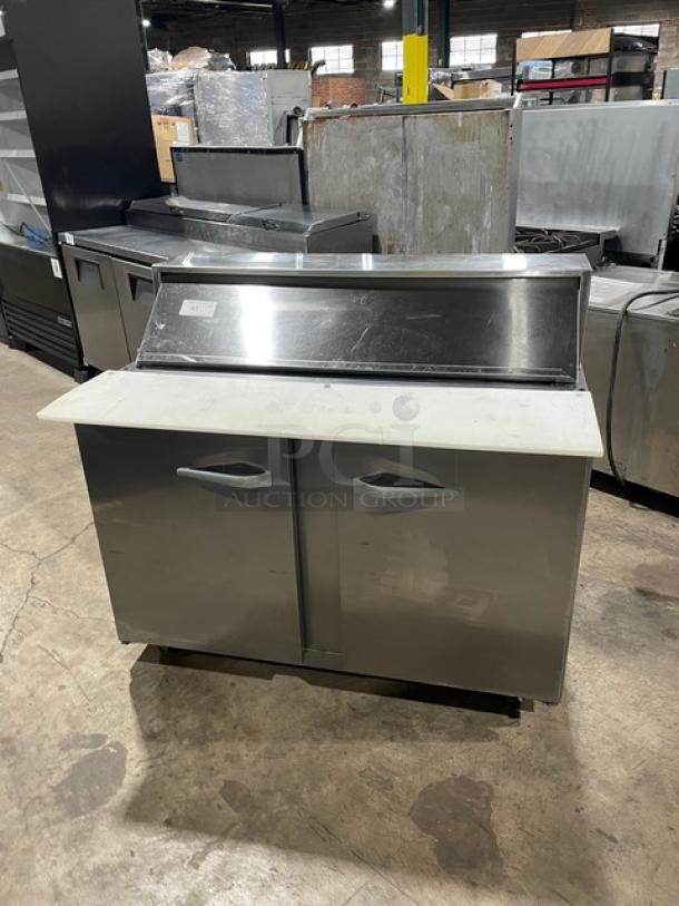 Traulsen Commercial Refrigerated Mega Top Salad/Sandwich Prep Table! With 2 Door Refrigerated Storage Underneath! All Stainless Steel! With Removable Cutting Board! On Casters! 115V 1 Phase! Model: UPT4812-LR SN: T20530C06! - Image 1 of 9