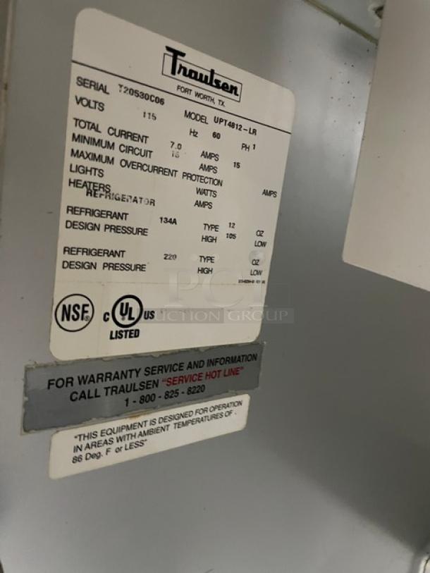 Traulsen Commercial Refrigerated Mega Top Salad/Sandwich Prep Table! With 2 Door Refrigerated Storage Underneath! All Stainless Steel! With Removable Cutting Board! On Casters! 115V 1 Phase! Model: UPT4812-LR SN: T20530C06! - Image 7 of 9