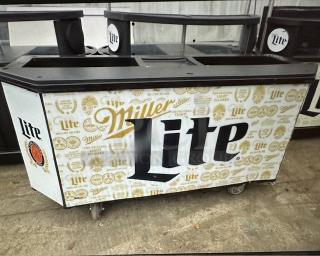 One IRP Miller Lite Kiosk With Cash Drawer, And 2 Cup Dispensers, On Casters. 79.5X30X39.5