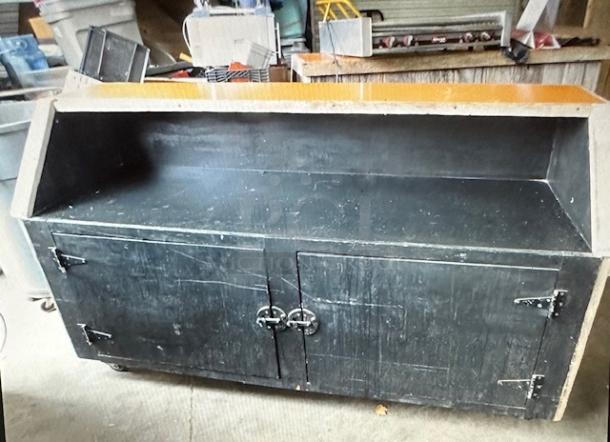 One Wooden OLE SMOKEY Kiosk With 2 Door, 1 Shelf Under Storage , And A Laminate Top On Casters. 75.X27X40 - Image 4 of 4