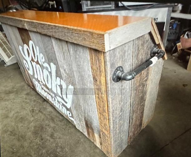 One Wooden OLE SMOKEY Kiosk With 2 Door, 1 Shelf Under Storage , And A Laminate Top On Casters. 75.X27X40 - Image 2 of 4
