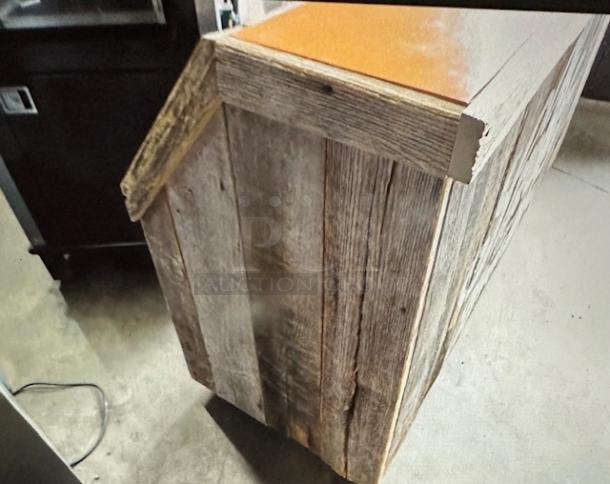 One Wooden OLE SMOKEY Kiosk With 2 Door, 1 Shelf Under Storage , And A Laminate Top On Casters. 75.X27X40 - Image 3 of 4