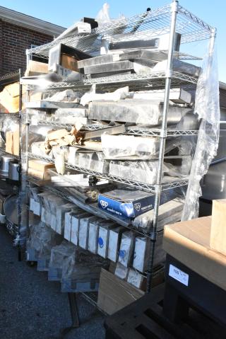 Chrome Finish Wire Shelving Unit on Commercial Casters w/ Contents Including Various Racks, Faucets, Metal.  BUYER MUST DISMANTLE. PCI CANNOT DISMANTLE FOR SHIPPING. PLEASE CONSIDER FREIGHT CHARGES.