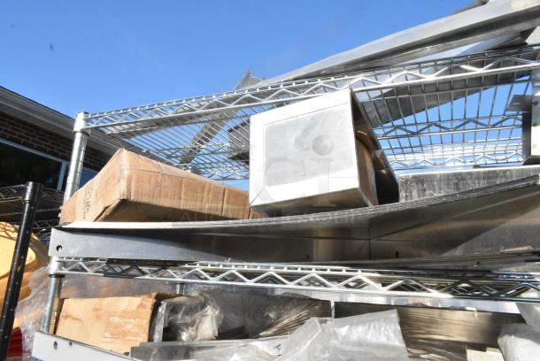 Chrome Finish Wire Shelving Unit on Commercial Casters w/ Contents Including Various Racks, Faucets, Metal.  BUYER MUST DISMANTLE. PCI CANNOT DISMANTLE FOR SHIPPING. PLEASE CONSIDER FREIGHT CHARGES. - Image 4 of 18