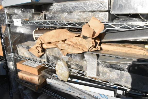 Chrome Finish Wire Shelving Unit on Commercial Casters w/ Contents Including Various Racks, Faucets, Metal.  BUYER MUST DISMANTLE. PCI CANNOT DISMANTLE FOR SHIPPING. PLEASE CONSIDER FREIGHT CHARGES. - Image 8 of 18