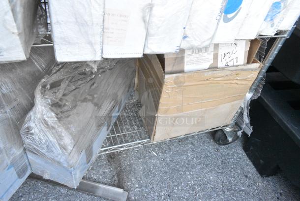 Chrome Finish Wire Shelving Unit on Commercial Casters w/ Contents Including Various Racks, Faucets, Metal.  BUYER MUST DISMANTLE. PCI CANNOT DISMANTLE FOR SHIPPING. PLEASE CONSIDER FREIGHT CHARGES. - Image 17 of 18