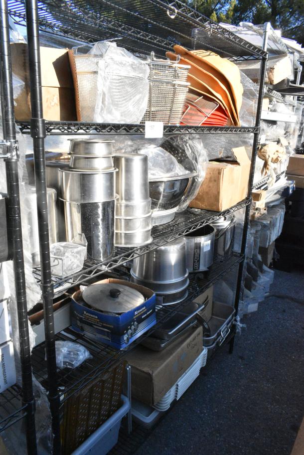 Chrome Finish 5 Tier Wire Shelving Unit w/ Contents Including Fry Baskets, Stainless Steel Cylindrical Bins, Metal Fry Baskets, Soup Kettle Food Warmers.  BUYER MUST DISMANTLE. PCI CANNOT DISMANTLE FOR SHIPPING. PLEASE CONSIDER FREIGHT CHARGES. - Image 1 of 10
