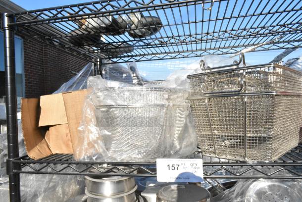 Chrome Finish 5 Tier Wire Shelving Unit w/ Contents Including Fry Baskets, Stainless Steel Cylindrical Bins, Metal Fry Baskets, Soup Kettle Food Warmers.  BUYER MUST DISMANTLE. PCI CANNOT DISMANTLE FOR SHIPPING. PLEASE CONSIDER FREIGHT CHARGES. - Image 3 of 10