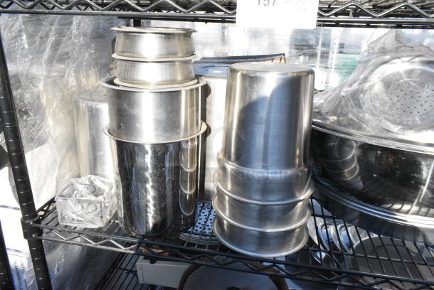 Chrome Finish 5 Tier Wire Shelving Unit w/ Contents Including Fry Baskets, Stainless Steel Cylindrical Bins, Metal Fry Baskets, Soup Kettle Food Warmers.  BUYER MUST DISMANTLE. PCI CANNOT DISMANTLE FOR SHIPPING. PLEASE CONSIDER FREIGHT CHARGES. - Image 4 of 10