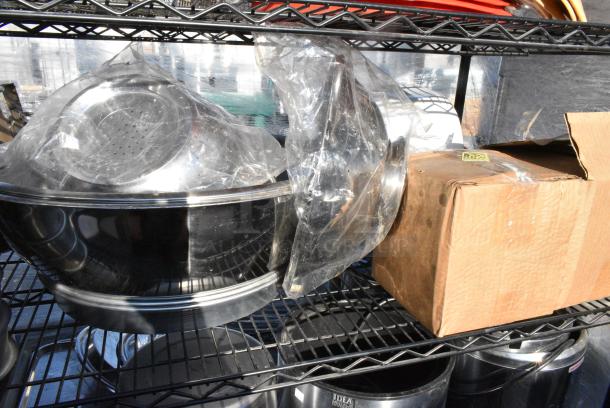 Chrome Finish 5 Tier Wire Shelving Unit w/ Contents Including Fry Baskets, Stainless Steel Cylindrical Bins, Metal Fry Baskets, Soup Kettle Food Warmers.  BUYER MUST DISMANTLE. PCI CANNOT DISMANTLE FOR SHIPPING. PLEASE CONSIDER FREIGHT CHARGES. - Image 5 of 10