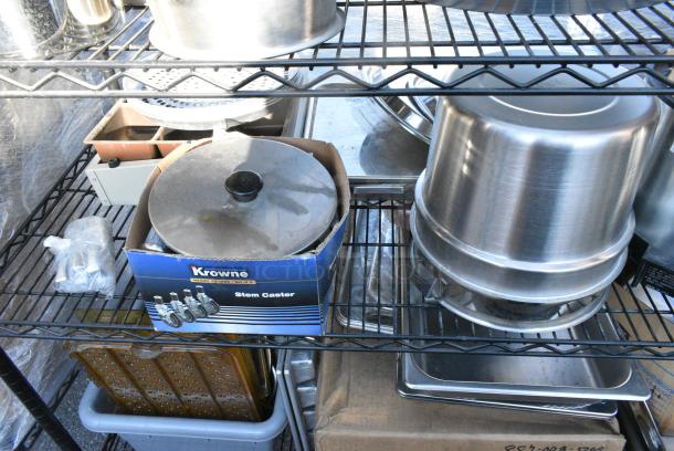 Chrome Finish 5 Tier Wire Shelving Unit w/ Contents Including Fry Baskets, Stainless Steel Cylindrical Bins, Metal Fry Baskets, Soup Kettle Food Warmers.  BUYER MUST DISMANTLE. PCI CANNOT DISMANTLE FOR SHIPPING. PLEASE CONSIDER FREIGHT CHARGES. - Image 8 of 10