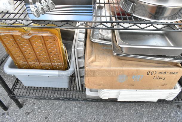 Chrome Finish 5 Tier Wire Shelving Unit w/ Contents Including Fry Baskets, Stainless Steel Cylindrical Bins, Metal Fry Baskets, Soup Kettle Food Warmers.  BUYER MUST DISMANTLE. PCI CANNOT DISMANTLE FOR SHIPPING. PLEASE CONSIDER FREIGHT CHARGES. - Image 9 of 10