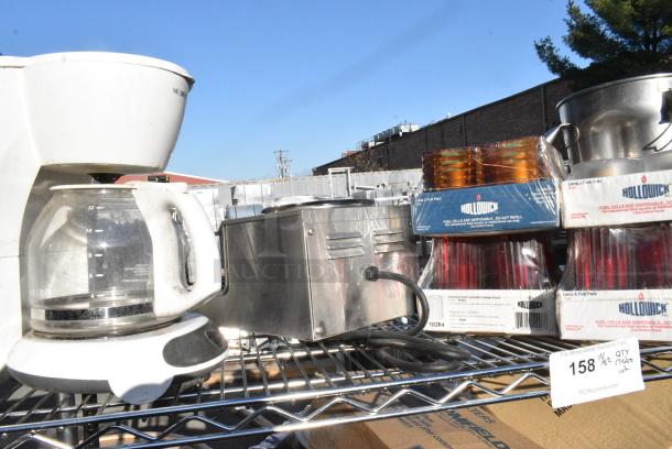 Chrome Finish 3 Tier Wire Shelving Unit w/ Contents Including Coffee Machine, Scale, Martini Glasses, 2 Tier Coffee Pot Warmer, Hollowick Votives, Water Pitchers.  BUYER MUST DISMANTLE. PCI CANNOT DISMANTLE FOR SHIPPING. PLEASE CONSIDER FREIGHT CHARGES. - Image 2 of 15