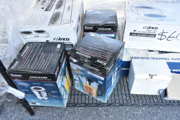 Chrome Finish 3 Tier Wire Shelving Unit w/ Contents Including Coffee Machine, Scale, Martini Glasses, 2 Tier Coffee Pot Warmer, Hollowick Votives, Water Pitchers.  BUYER MUST DISMANTLE. PCI CANNOT DISMANTLE FOR SHIPPING. PLEASE CONSIDER FREIGHT CHARGES. - Image 11 of 15