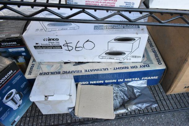 Chrome Finish 3 Tier Wire Shelving Unit w/ Contents Including Coffee Machine, Scale, Martini Glasses, 2 Tier Coffee Pot Warmer, Hollowick Votives, Water Pitchers.  BUYER MUST DISMANTLE. PCI CANNOT DISMANTLE FOR SHIPPING. PLEASE CONSIDER FREIGHT CHARGES. - Image 12 of 15