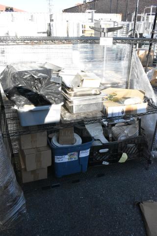 Chrome and Black Finish 3 Tier Wire Shelving Unit w/ Contents Including TableCraft Cake Trays, Ceramic Dishes, Stainless Steel Drop In Bins.  BUYER MUST DISMANTLE. PCI CANNOT DISMANTLE FOR SHIPPING. PLEASE CONSIDER FREIGHT CHARGES.