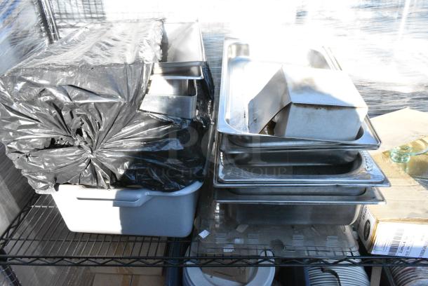 Chrome and Black Finish 3 Tier Wire Shelving Unit w/ Contents Including TableCraft Cake Trays, Ceramic Dishes, Stainless Steel Drop In Bins.  BUYER MUST DISMANTLE. PCI CANNOT DISMANTLE FOR SHIPPING. PLEASE CONSIDER FREIGHT CHARGES. - Image 3 of 7