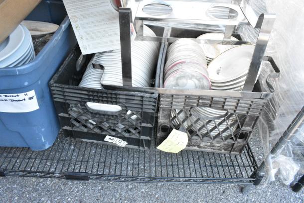 Chrome and Black Finish 3 Tier Wire Shelving Unit w/ Contents Including TableCraft Cake Trays, Ceramic Dishes, Stainless Steel Drop In Bins.  BUYER MUST DISMANTLE. PCI CANNOT DISMANTLE FOR SHIPPING. PLEASE CONSIDER FREIGHT CHARGES. - Image 4 of 7