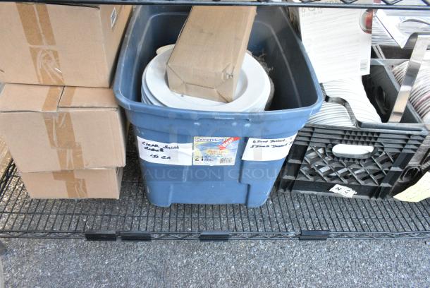 Chrome and Black Finish 3 Tier Wire Shelving Unit w/ Contents Including TableCraft Cake Trays, Ceramic Dishes, Stainless Steel Drop In Bins.  BUYER MUST DISMANTLE. PCI CANNOT DISMANTLE FOR SHIPPING. PLEASE CONSIDER FREIGHT CHARGES. - Image 5 of 7