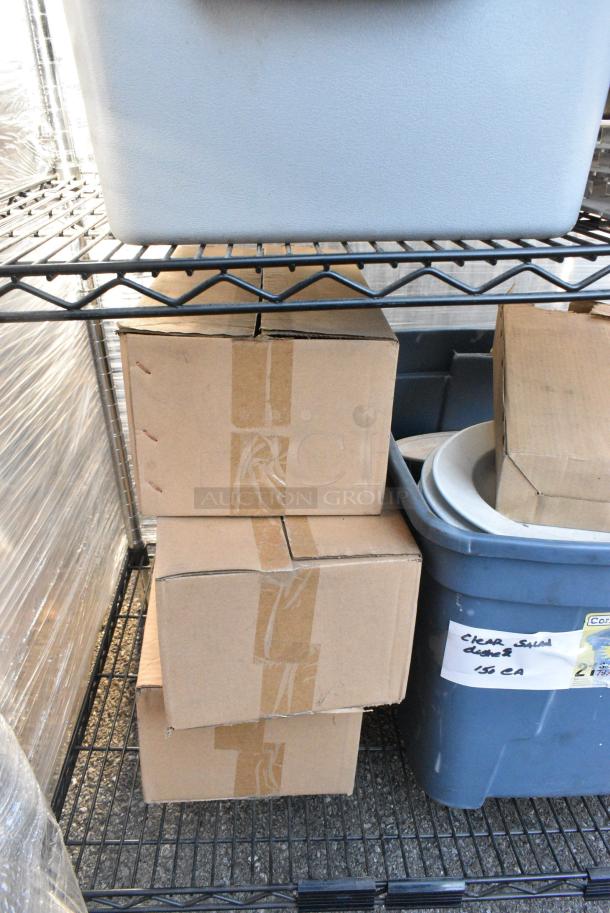 Chrome and Black Finish 3 Tier Wire Shelving Unit w/ Contents Including TableCraft Cake Trays, Ceramic Dishes, Stainless Steel Drop In Bins.  BUYER MUST DISMANTLE. PCI CANNOT DISMANTLE FOR SHIPPING. PLEASE CONSIDER FREIGHT CHARGES. - Image 6 of 7