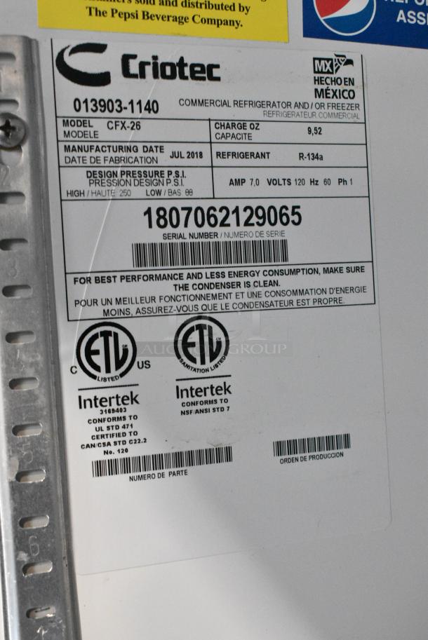 Criotec CFX-26 Metal Commercial Single Door Reach In Cooler Merchandiser w/ Poly Coated Racks. 115 Volts, 1 Phase. Tested and Powers On But Does Not Get Cold - Image 6 of 6