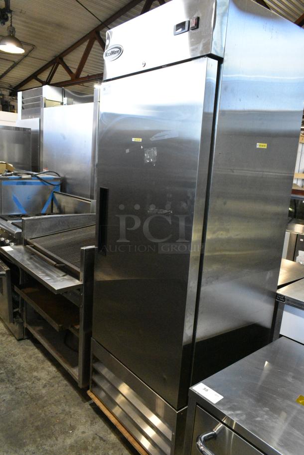BRAND NEW SCRATCH AND DENT! 2022 KoolMore RIR-1D-SS-19C Stainless Steel Commercial Single Door Reach In Cooler w/ Poly Coated Racks on Commercial Casters. See Top Corner For Damage. 115 Volts, 1 Phase. Tested and Powers On But Does Not Get Cold - Image 1 of 6