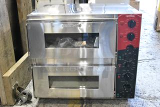 BRAND NEW SCRATCH AND DENT! 2023 Crosson CPO-320 Stainless Steel Commercial Countertop Electric Powered Double Deck Pizza Oven w/ Cooking Stones. 120 Volts, 1 Phase. Tested and Working!