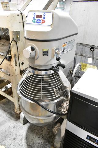 Globe SP60 Metal Commercial Floor Style 60 Quart Dough Mixer w/ Metal Mixing Bowl, Bowl Guard and Dough Hook Attachment. 220 Volts, 1 Phase.