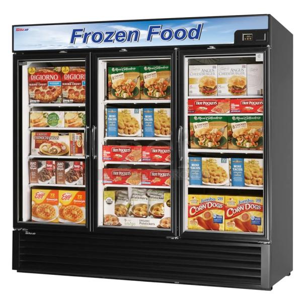 BRAND NEW SCRATCH AND DENT! Turbo Air TGF-72FB-N Metal Commercial 3 Door Reach In Freezer Merchandiser w/ Poly Coated Racks. 110-120 Volts, 1 Phase. Tested and Working! - Image 1 of 7