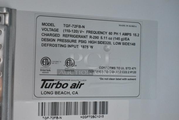 BRAND NEW SCRATCH AND DENT! Turbo Air TGF-72FB-N Metal Commercial 3 Door Reach In Freezer Merchandiser w/ Poly Coated Racks. 110-120 Volts, 1 Phase. Tested and Working! - Image 7 of 7