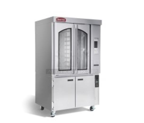 BRAND NEW SCRATCH AND DENT! Baxter OV310E Stainless Steel Commercial Floor Style Electric Powered Mini Rotating Rack Oven on 2 Door Proofer w/ Commercial Casters. - Image 1 of 8