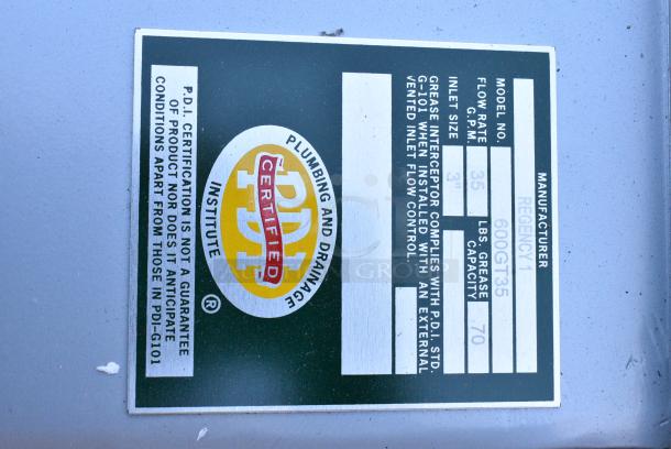 BRAND NEW SCRATCH AND DENT! Regency 600GT35 70 lb. 35 GPM Grease Trap with 3" Non-Threaded Connections - Image 4 of 4