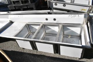 BRAND NEW SCRATCH AND DENT! Regency 600S3182424L Stainless Steel 3 Bay Sink w/ Left Side Drain Board. No Legs. Bays 18x24x14. Drain Board 22x25