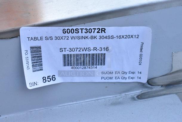 BRAND NEW SCRATCH AND DENT! Regency 600ST3072R Stainless Steel Single Bay Sink w/ Countertop No Legs. Bay 16x20x12 - Image 4 of 5